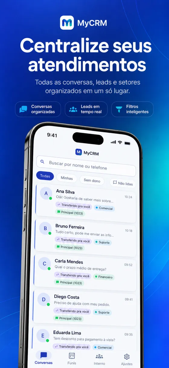 Tela de conversas do aplicativo MyCRM, com a lista de atendimentos organizada por setor