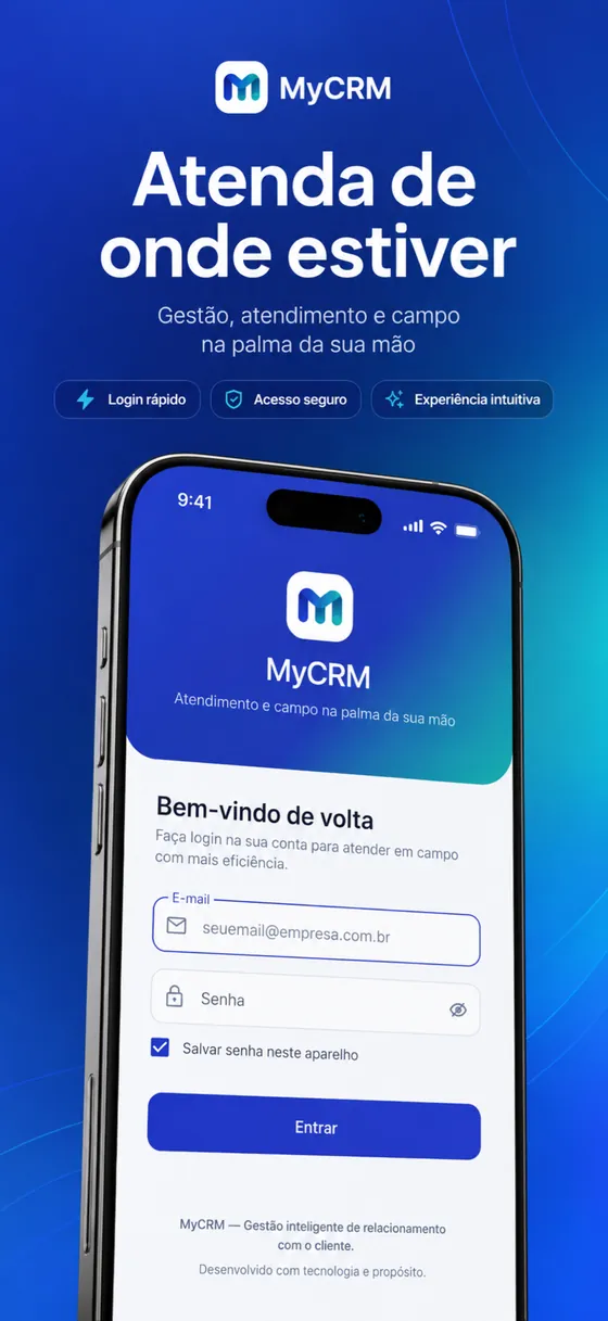 Tela de login do aplicativo MyCRM, com acesso por e-mail e senha e desbloqueio por biometria