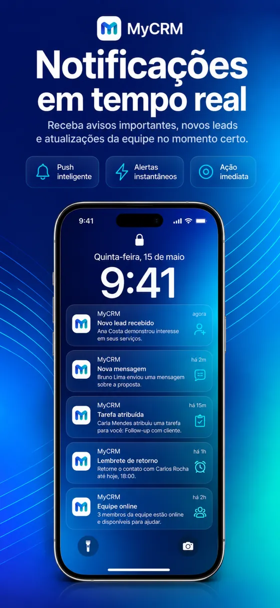 Notificações do MyCRM na tela bloqueada do iPhone, avisando sobre lead novo e mensagem de cliente